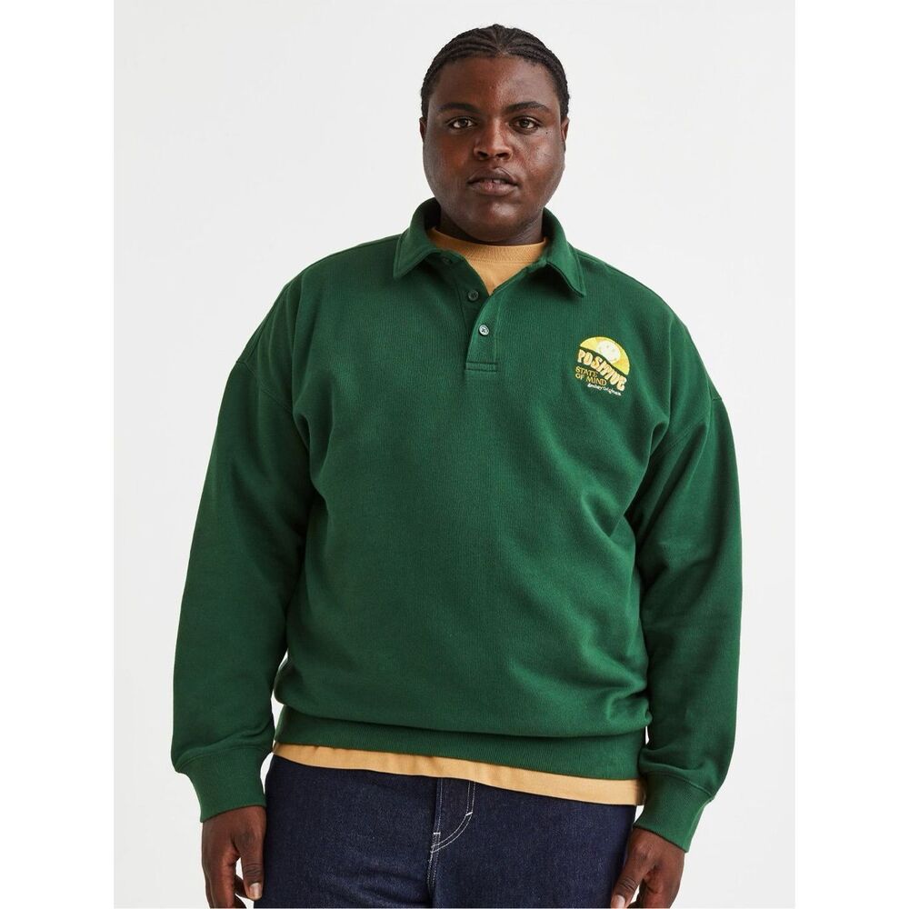 H&M X SMILEY Originals Green Oversized Polo Sweatshirt Positive State Of Mind Bu